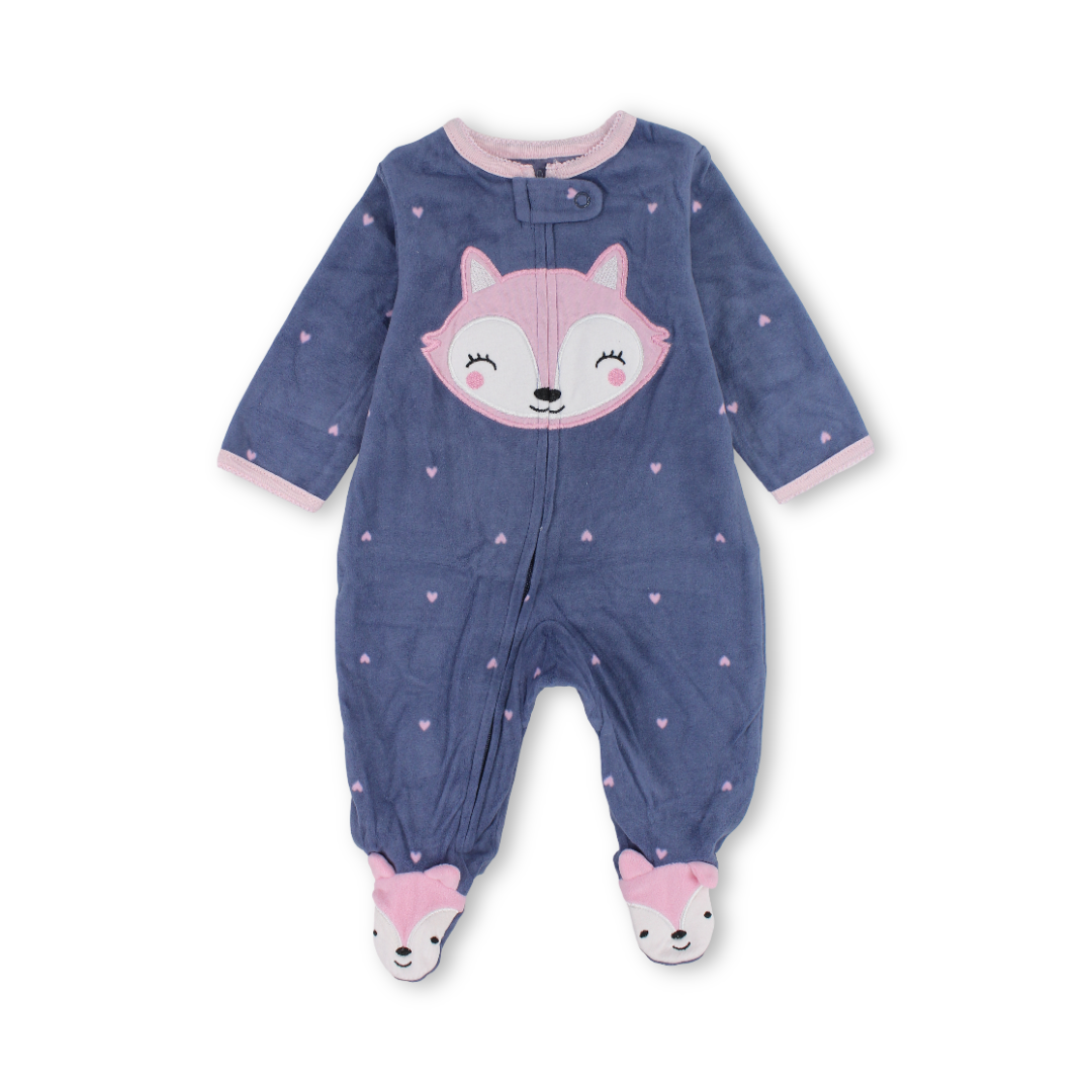 Baby Girls Velvet Baby Footie – Indigo with Fox Embroidery