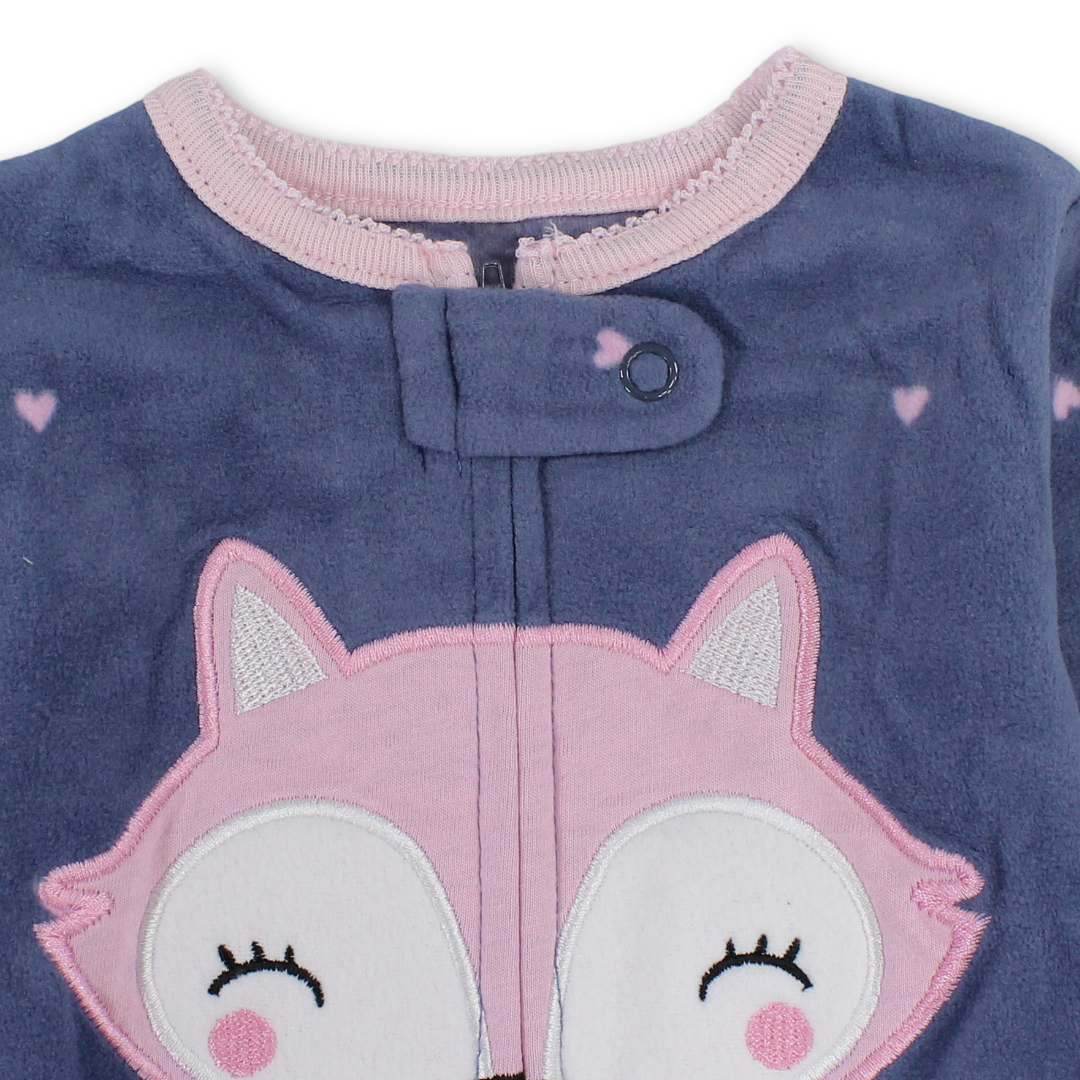 Baby Girls Velvet Baby Footie – Indigo with Fox Embroidery
