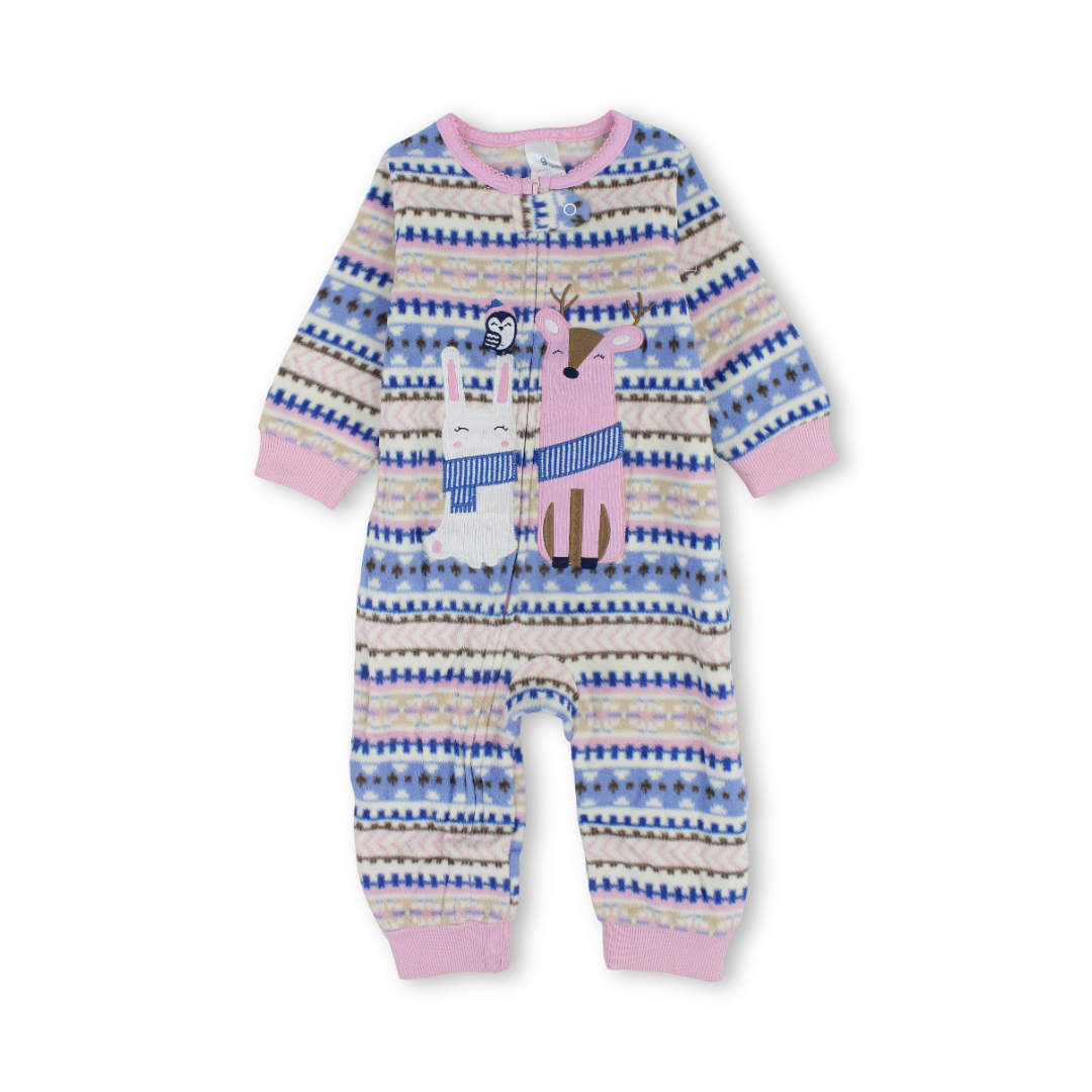 Baby Girls Velvet Footless Onesie – Multicolor with Gazelle & Rabbit Embroidery
