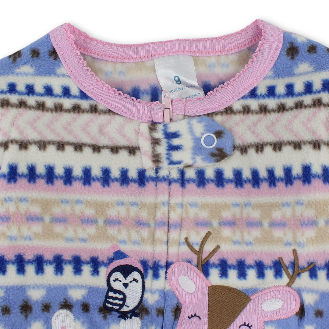 Baby Girls Velvet Footless Onesie – Multicolor with Gazelle & Rabbit Embroidery