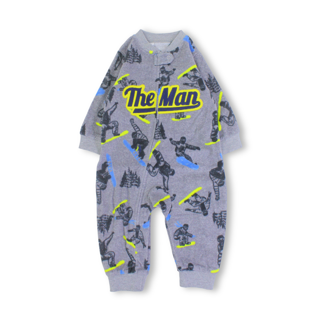 Baby Boys Velvet Footless Onesie – Grey with "The Man" Design