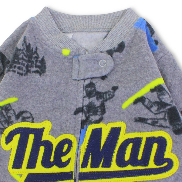 Baby Boys Velvet Footless Onesie – Grey with "The Man" Design