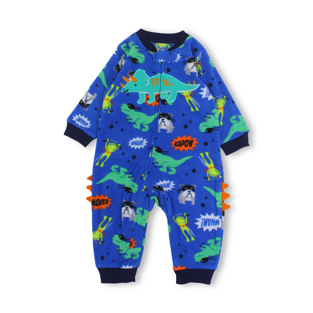 Baby Boys Velvet Footless Onesie – Blue with Dino Design