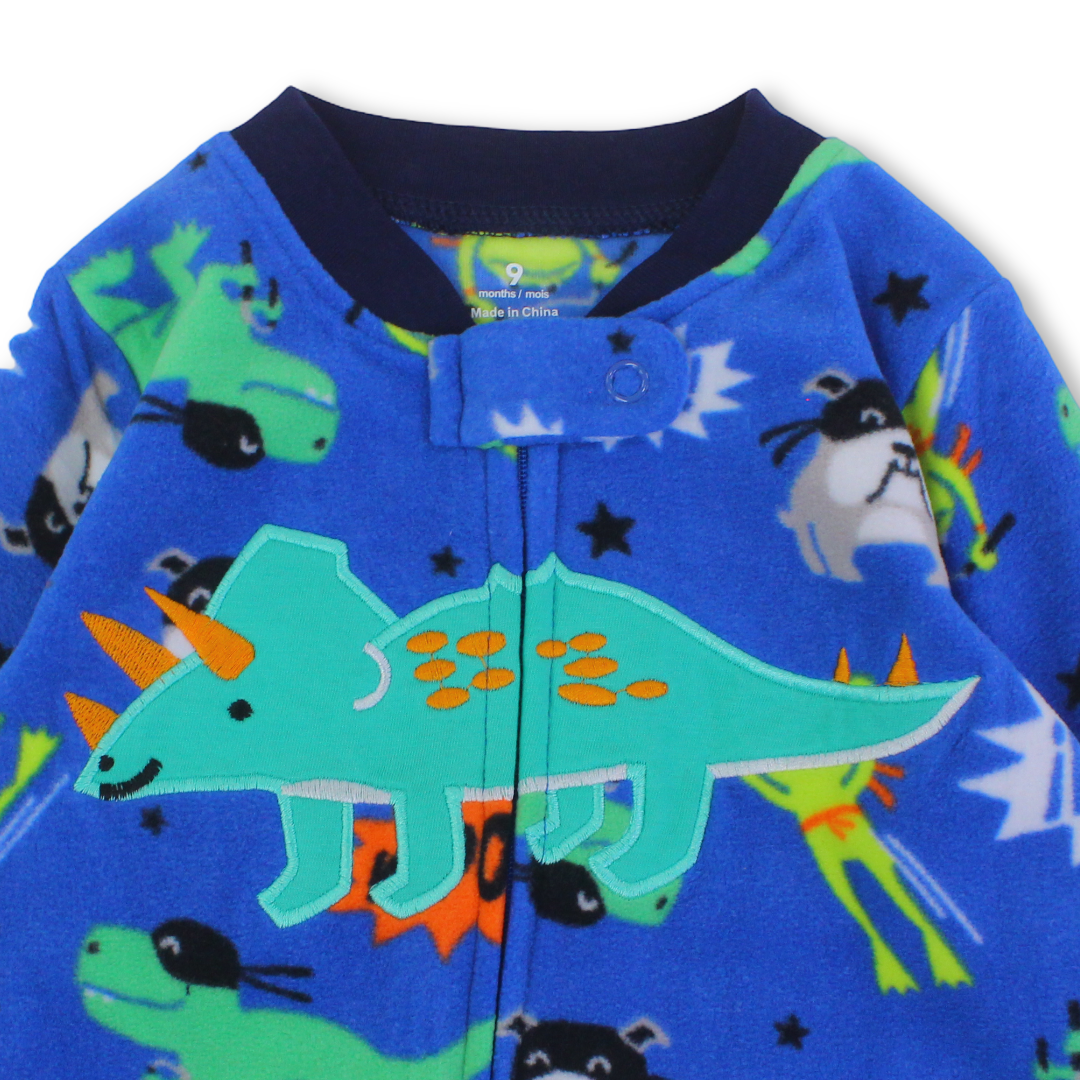 Baby Boys Velvet Footless Onesie – Blue with Dino Design