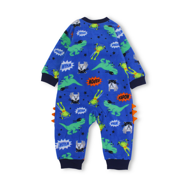 Baby Boys Velvet Footless Onesie – Blue with Dino Design