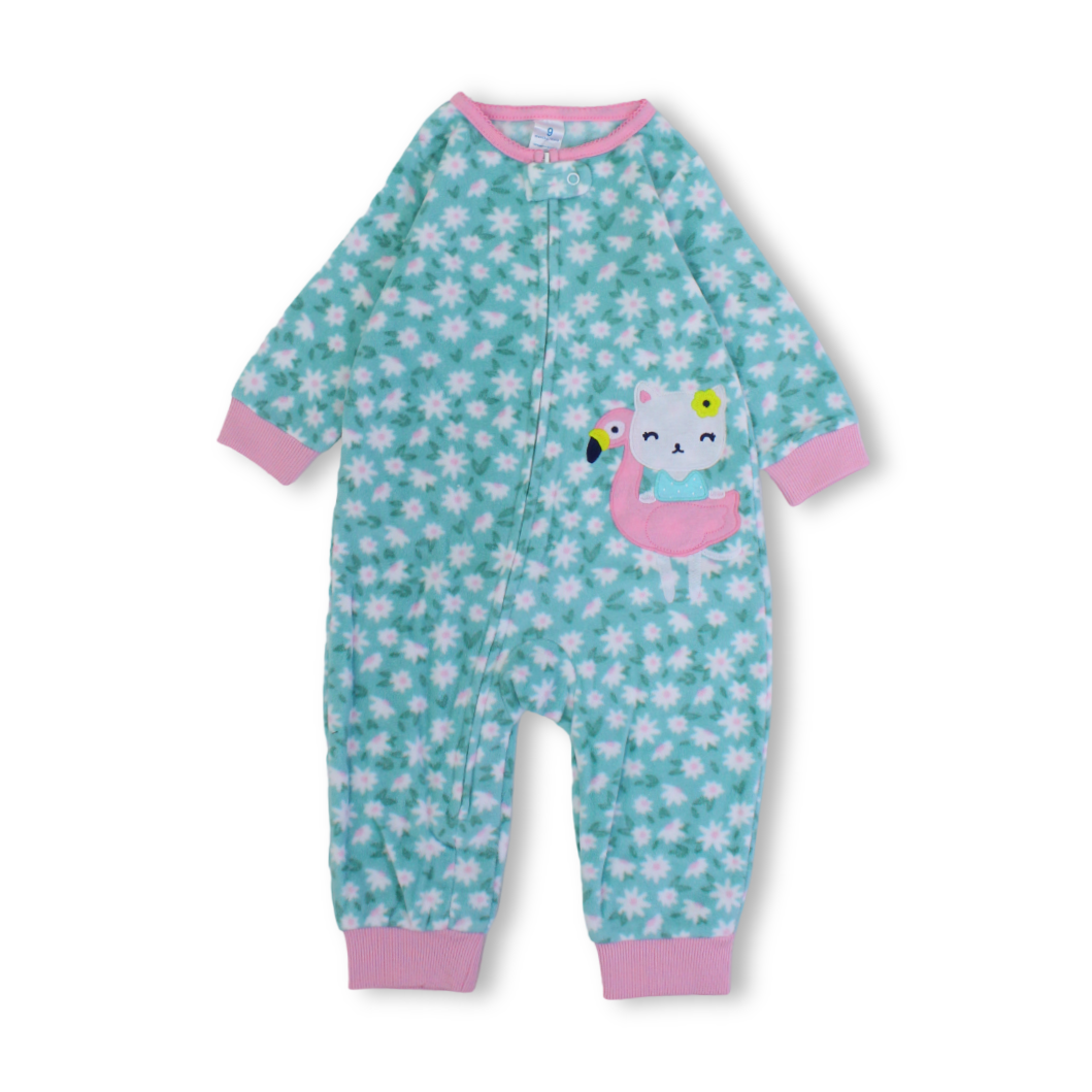 Baby Girls Velvet Footless Onesie – Mint with Cat & Flamingo Design