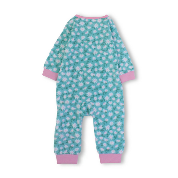Baby Girls Velvet Footless Onesie – Mint with Cat & Flamingo Design