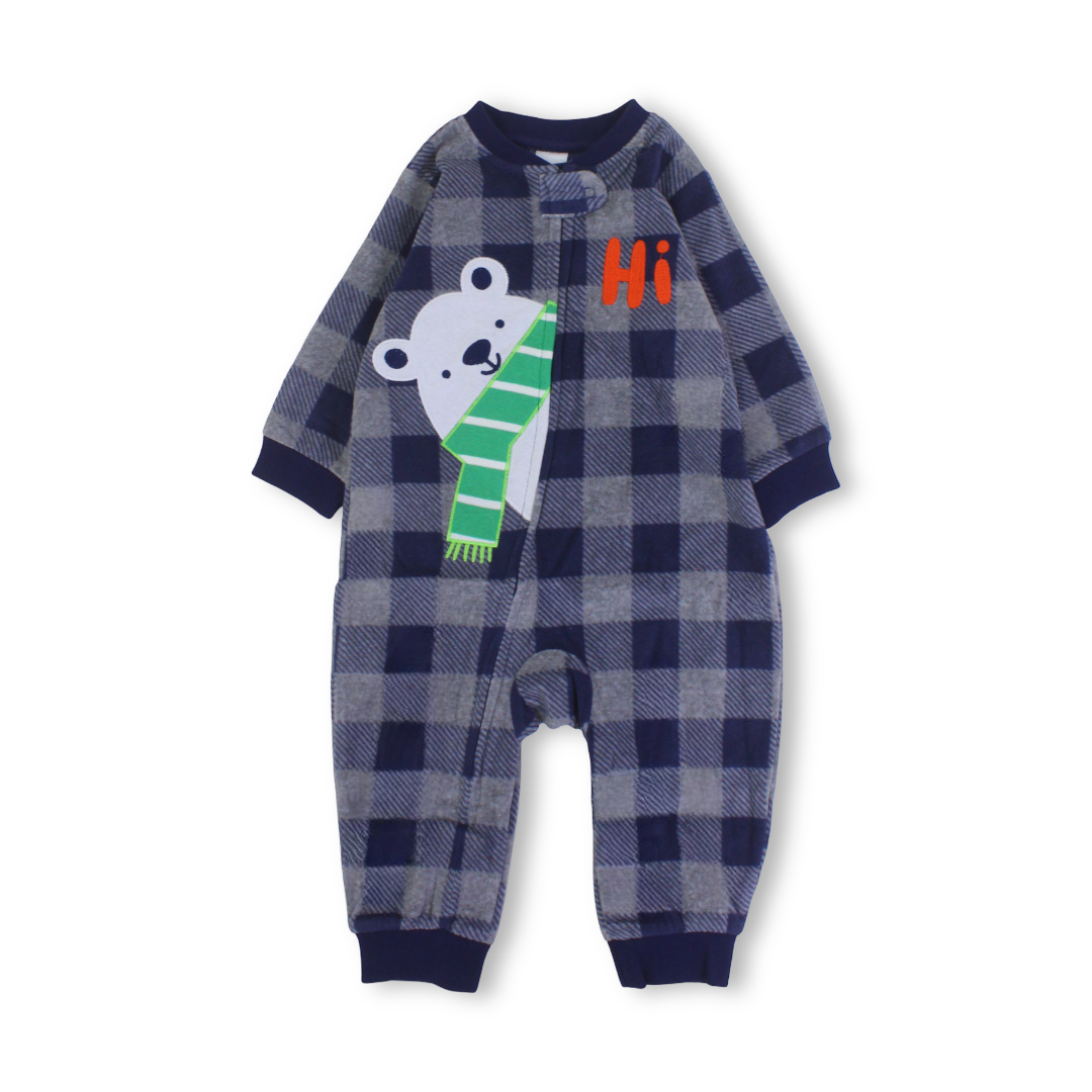 Baby Boys Velvet Footless Onesie – Grey with Check Pattern