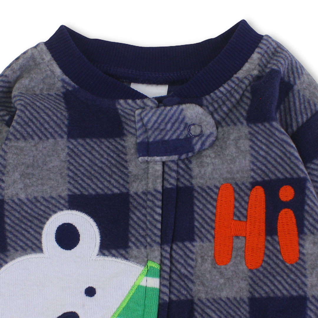 Baby Boys Velvet Footless Onesie – Grey with Check Pattern