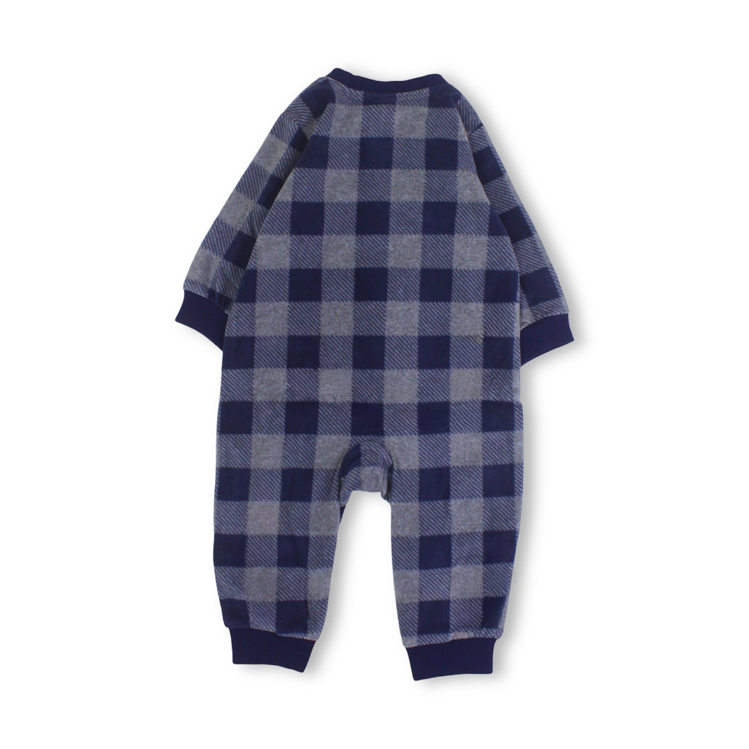 Baby Boys Velvet Footless Onesie – Grey with Check Pattern