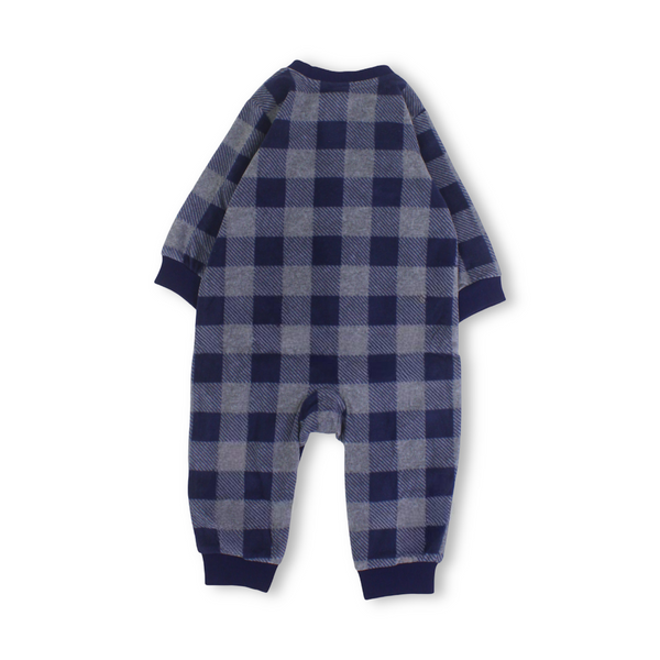 Baby Boys Velvet Footless Onesie – Grey with Check Pattern