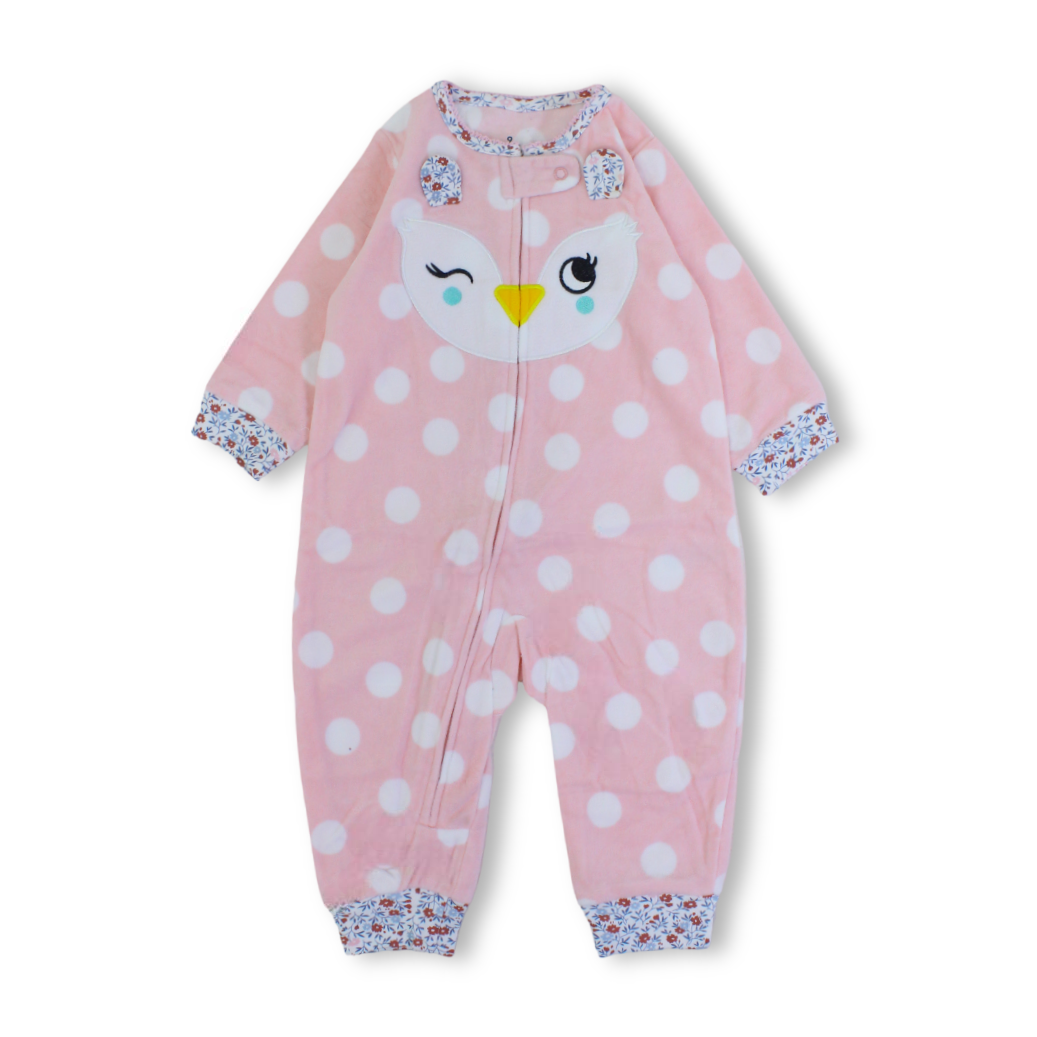Baby Girls Velvet Footless Onesie – Pink with Owl Design