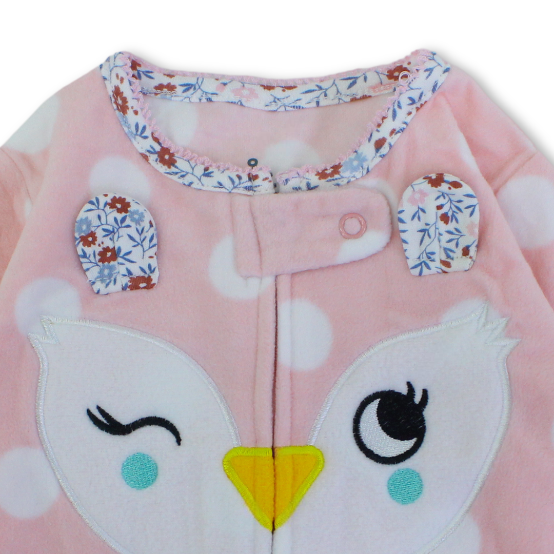 Baby Girls Velvet Footless Onesie – Pink with Owl Design