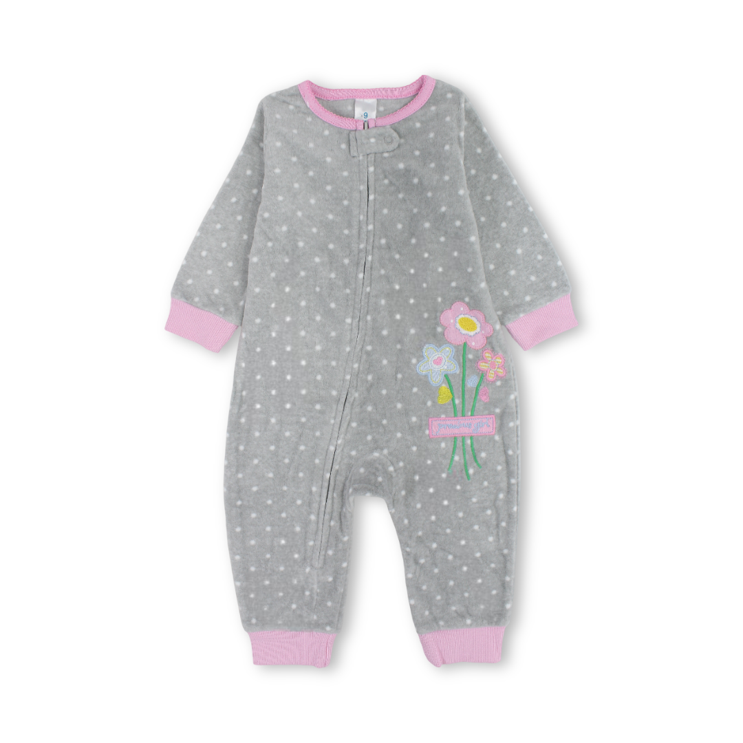 Baby Girls Velvet Footless Onesie – Grey with Floral Bouquet Embroidery