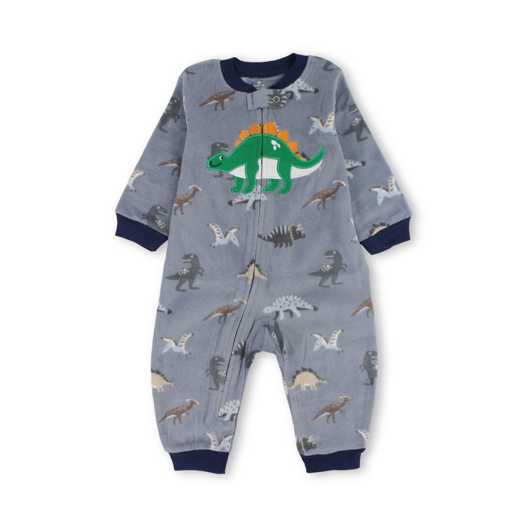 Baby Boys Velvet Footless Onesie – Grey with Dino Embroidery
