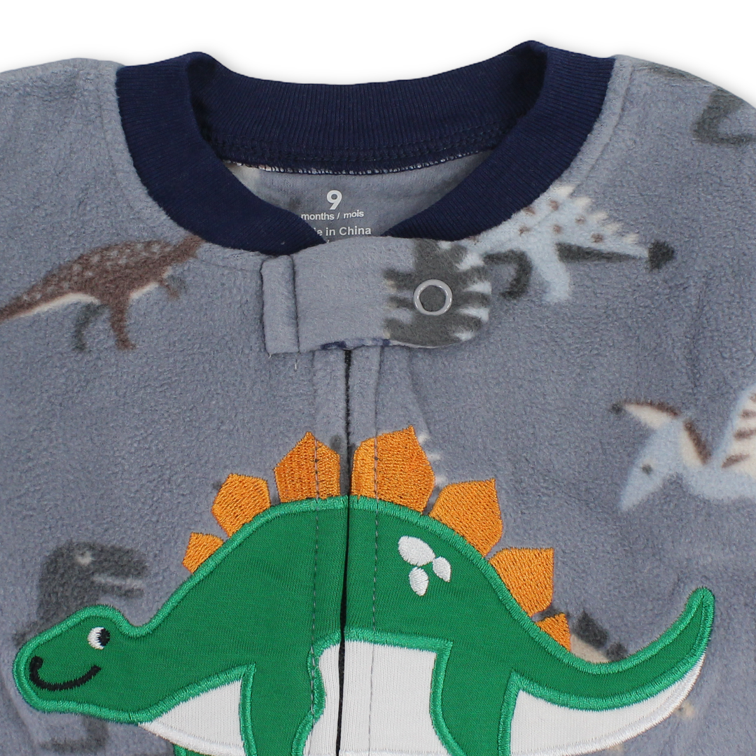 Baby Boys Velvet Footless Onesie – Grey with Dino Embroidery