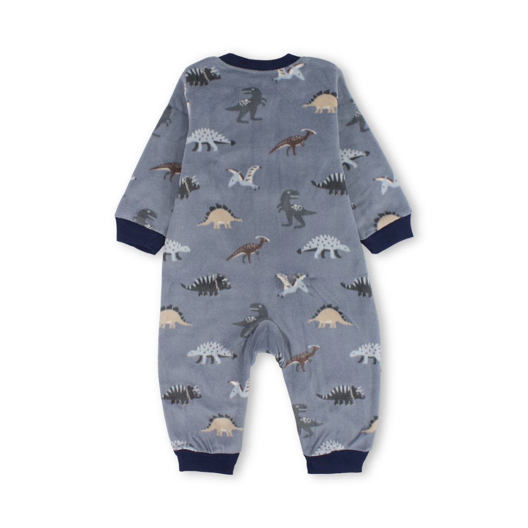 Baby Boys Velvet Footless Onesie – Grey with Dino Embroidery