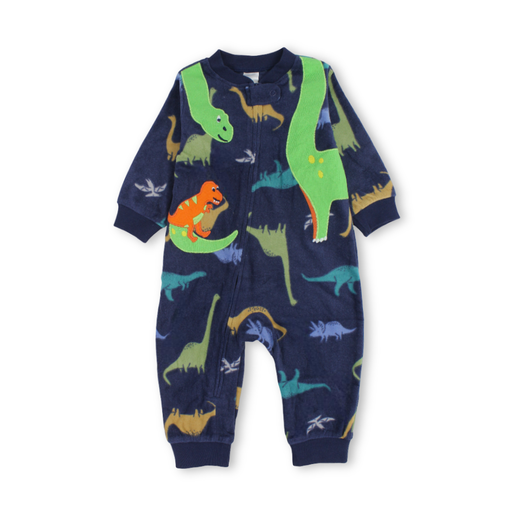 Baby Boys Velvet Footless Onesie – Navy with Dino Embroidery