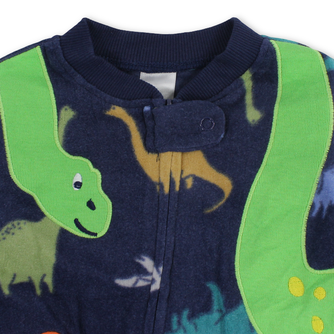 Baby Boys Velvet Footless Onesie – Navy with Dino Embroidery