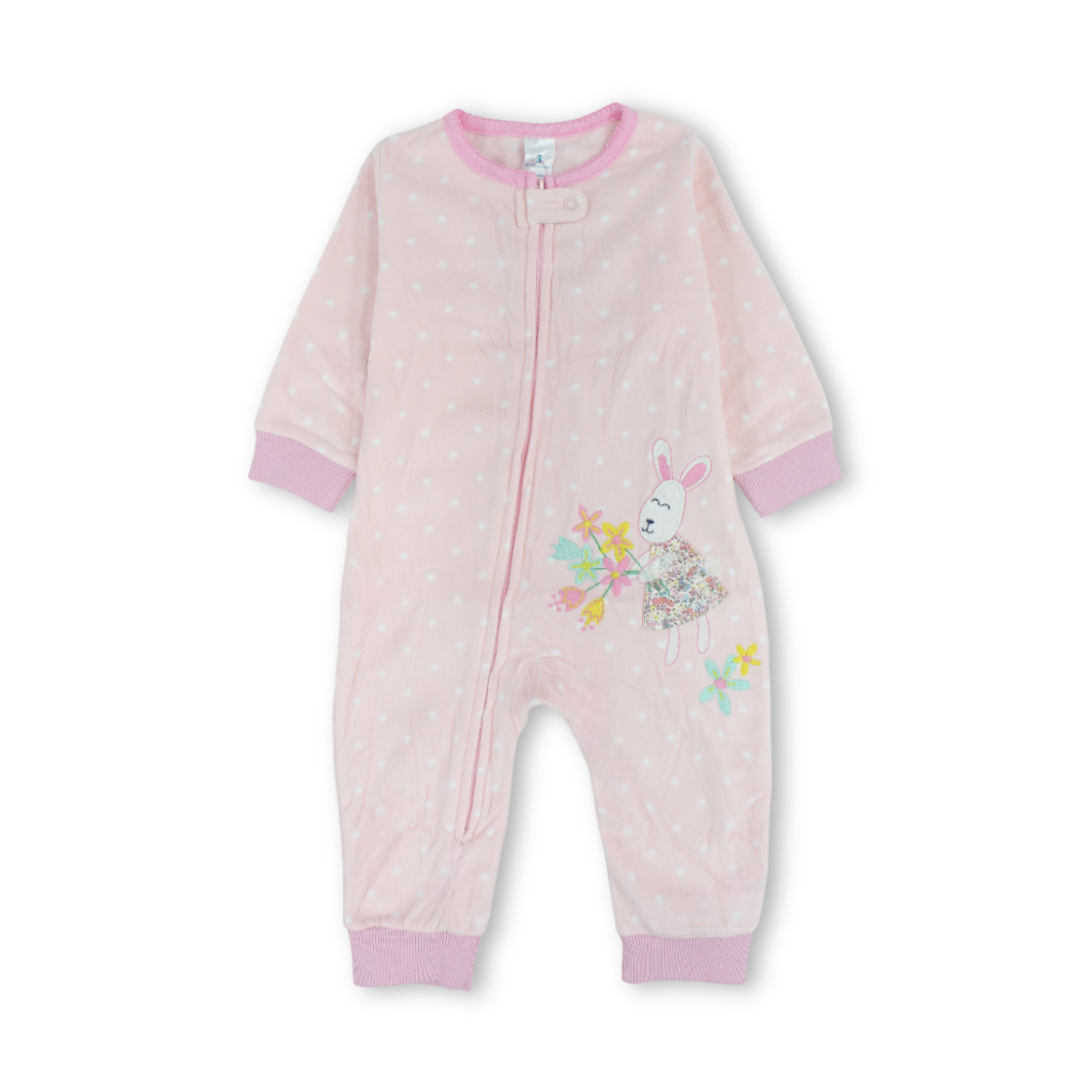 Baby Girls Velvet Footless Onesie – Pink with Bunny Holding Bouquet of Flowers Embroidery
