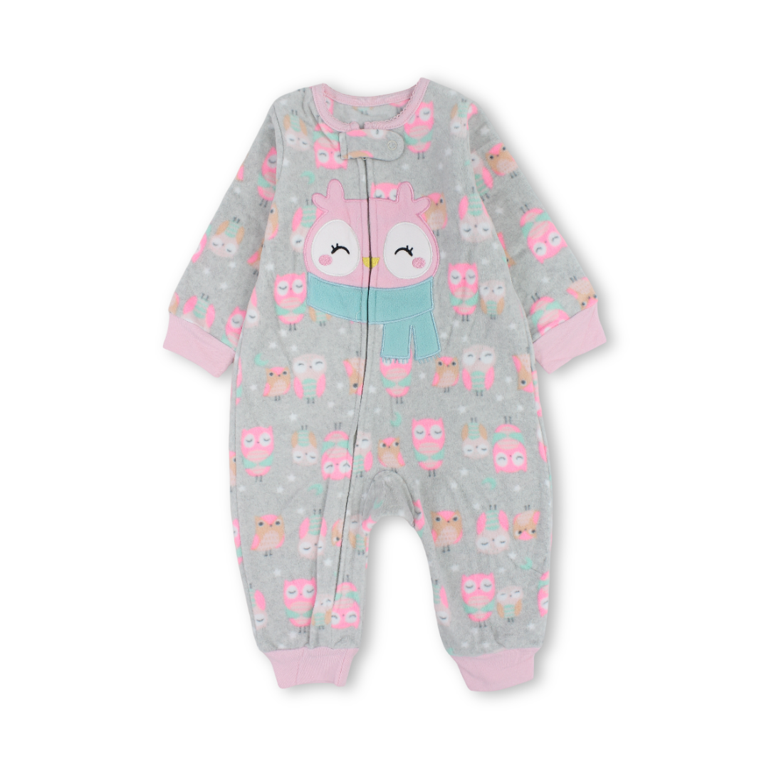 Baby Girls Velvet Footless Onesie – Grey with Owl Embroidery