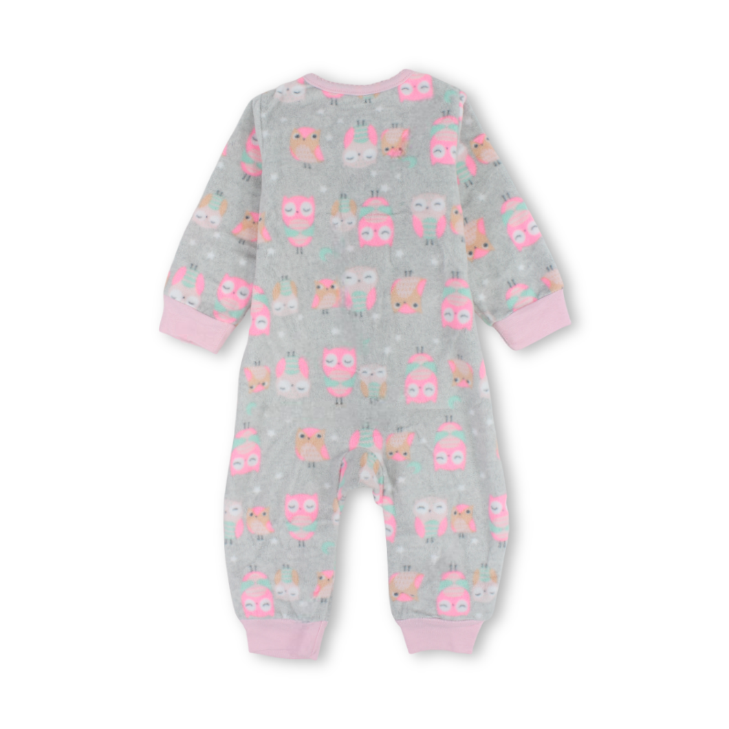 Baby Girls Velvet Footless Onesie – Grey with Owl Embroidery
