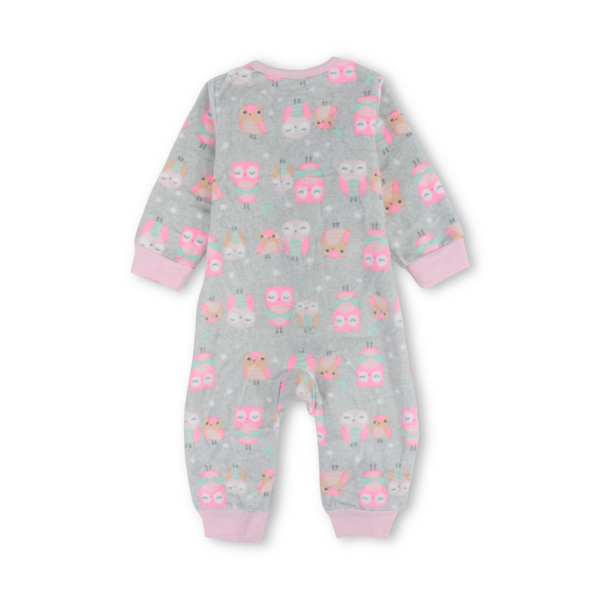 Baby Girls Velvet Footless Onesie – Grey with Owl Embroidery