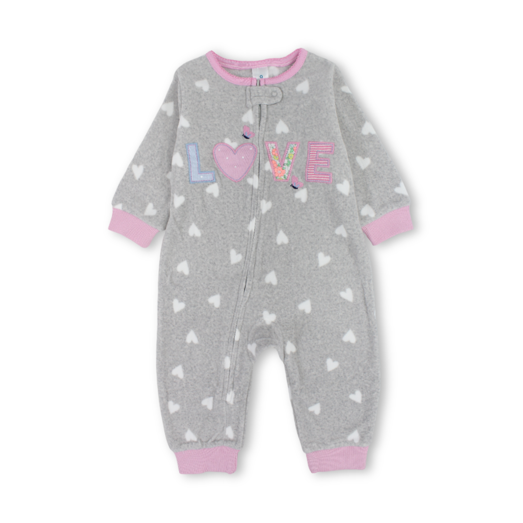 Baby Girls Velvet Footless Onesie – Grey with "Love" Embroidery