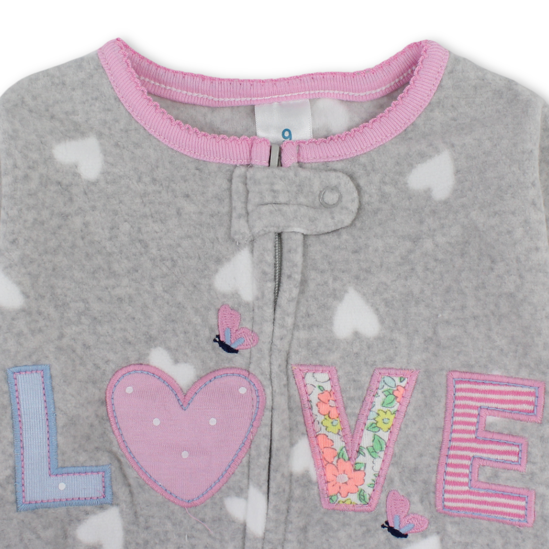 Baby Girls Velvet Footless Onesie – Grey with "Love" Embroidery