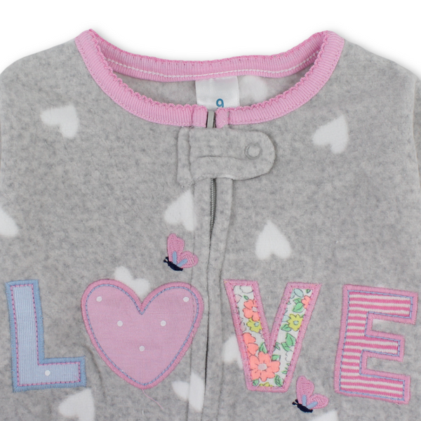 Baby Girls Velvet Footless Onesie – Grey with "Love" Embroidery