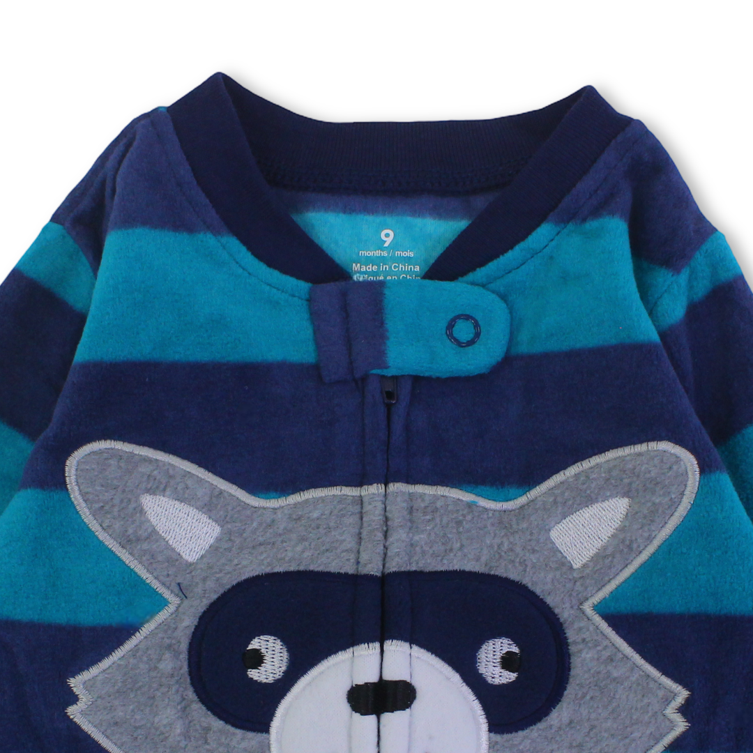 Baby Boys Velvet Footless Onesie – Striped Turquoise with Fox Design