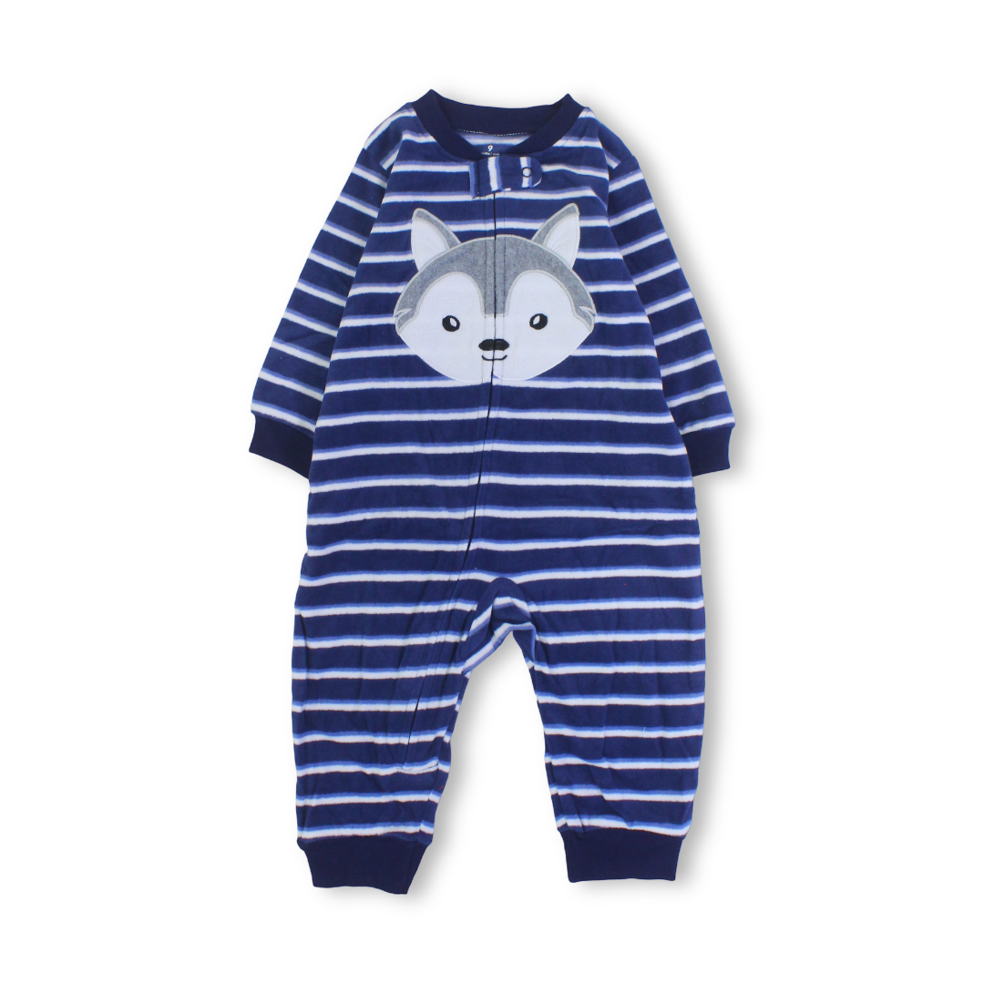 Baby Boys Velvet Footless Onesie – Striped Navy with Fox Design