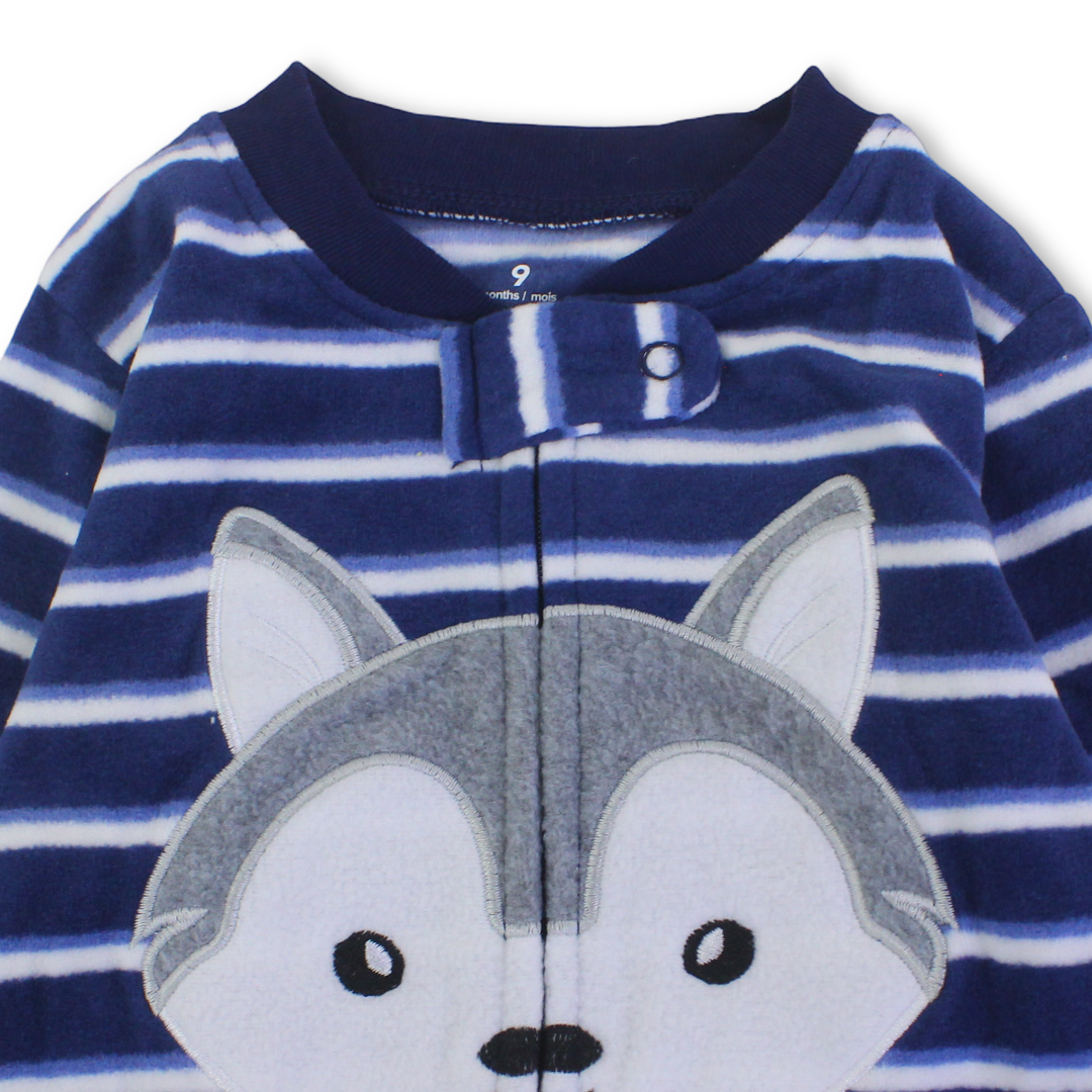 Baby Boys Velvet Footless Onesie – Striped Navy with Fox Design
