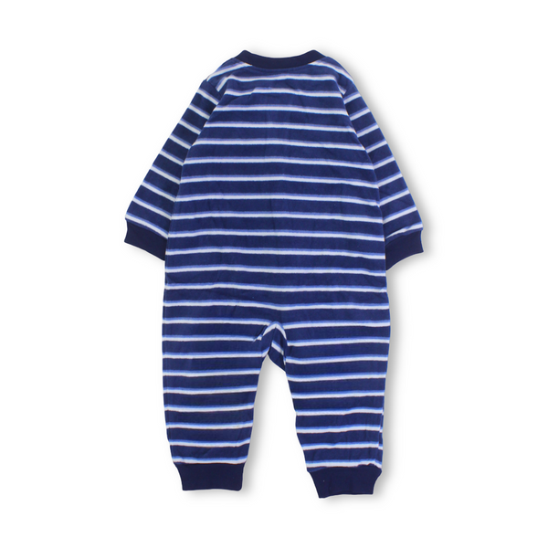 Baby Boys Velvet Footless Onesie – Striped Navy with Fox Design
