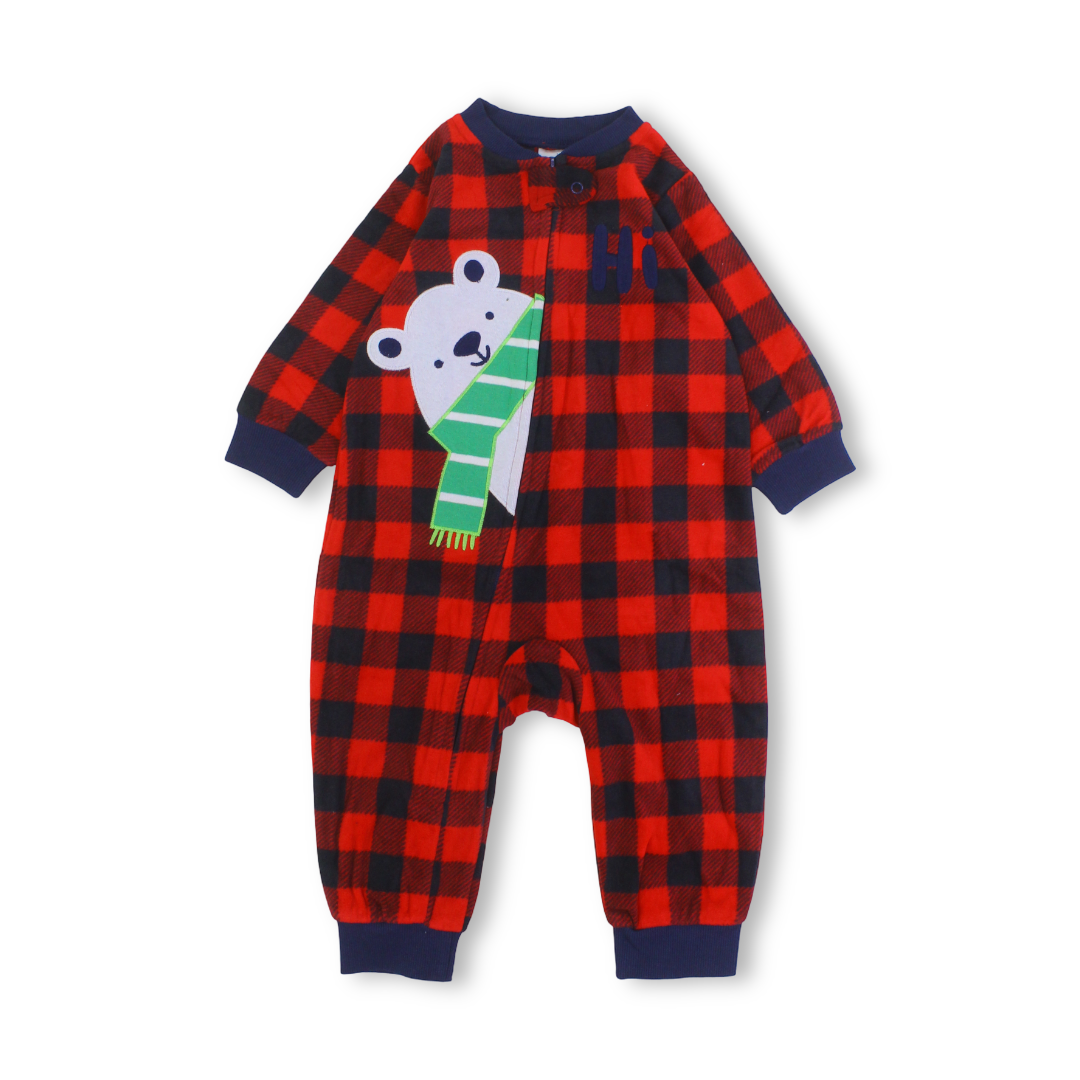 Baby Boys Velvet Footless Onesie – Red with Check Pattern