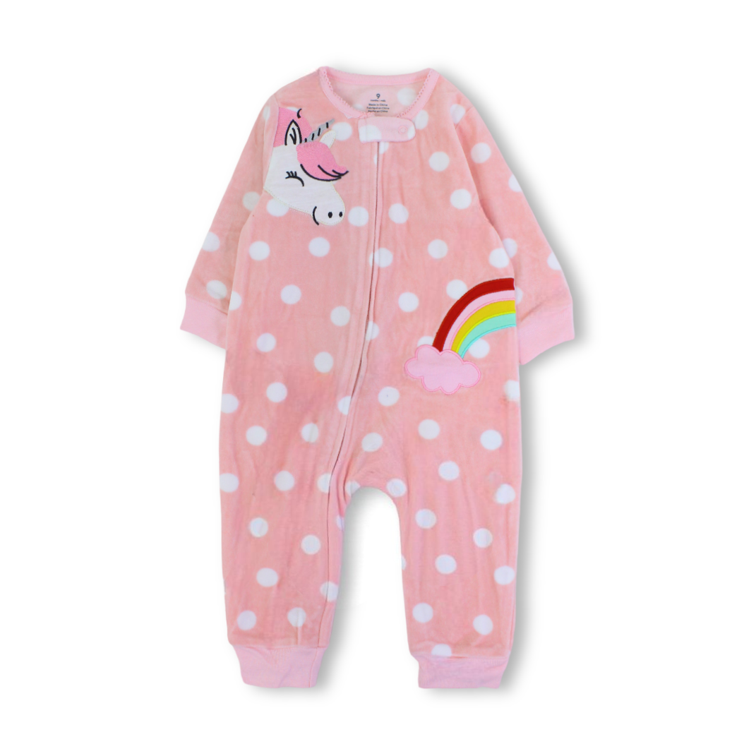 Baby Girls Velvet Footless Onesie – Pink with Unicorn Design