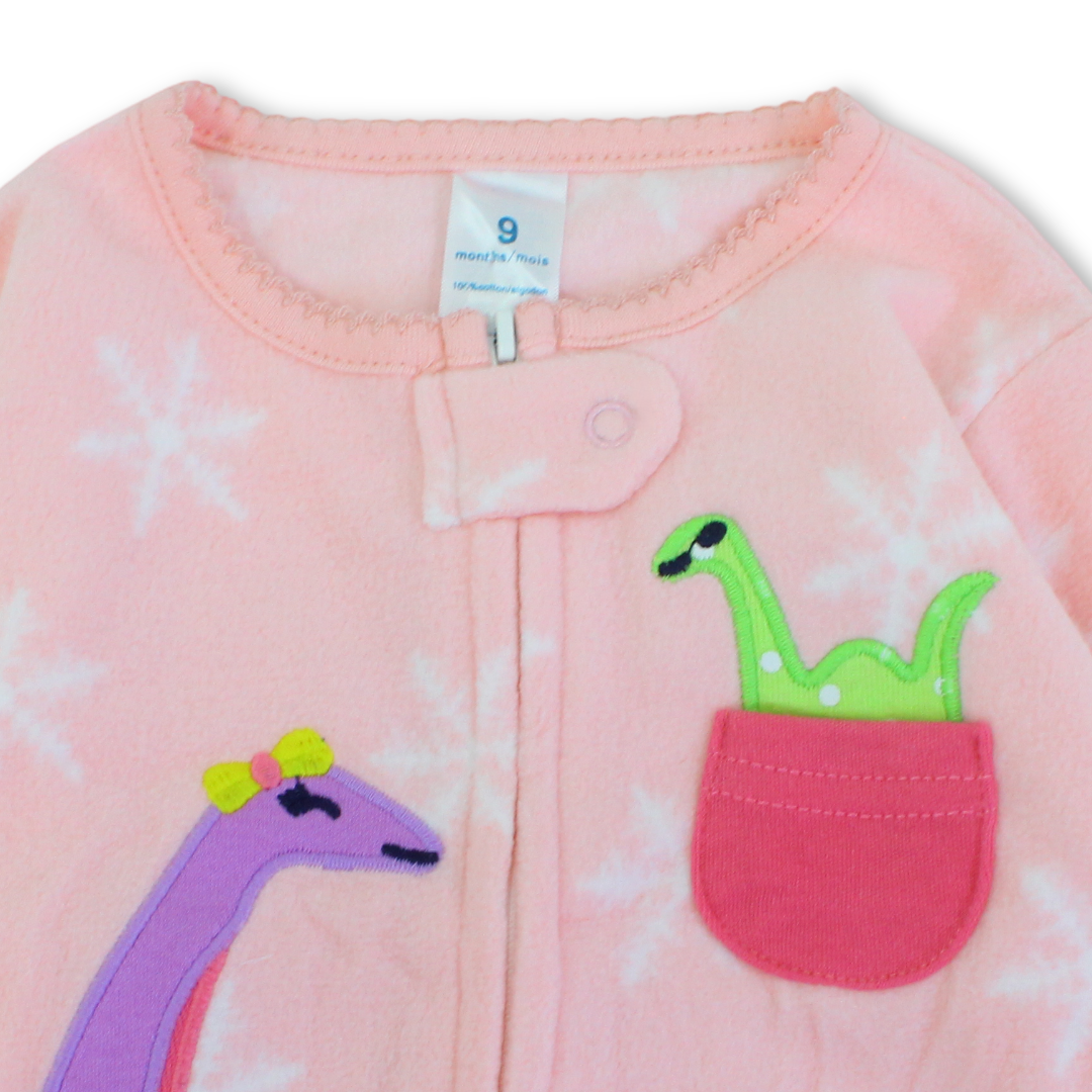 Baby Girls Velvet Footless Onesie – Pink with Dino Design