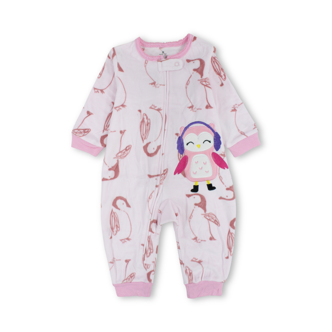 Baby Girls Velvet Footless Onesie – Pink with Penguin Embroidery