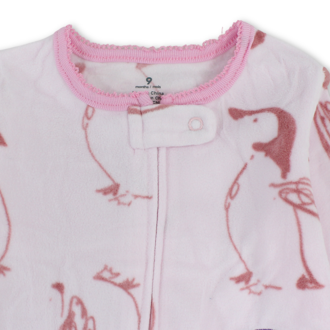 Baby Girls Velvet Footless Onesie – Pink with Penguin Embroidery