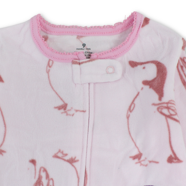 Baby Girls Velvet Footless Onesie – Pink with Penguin Embroidery