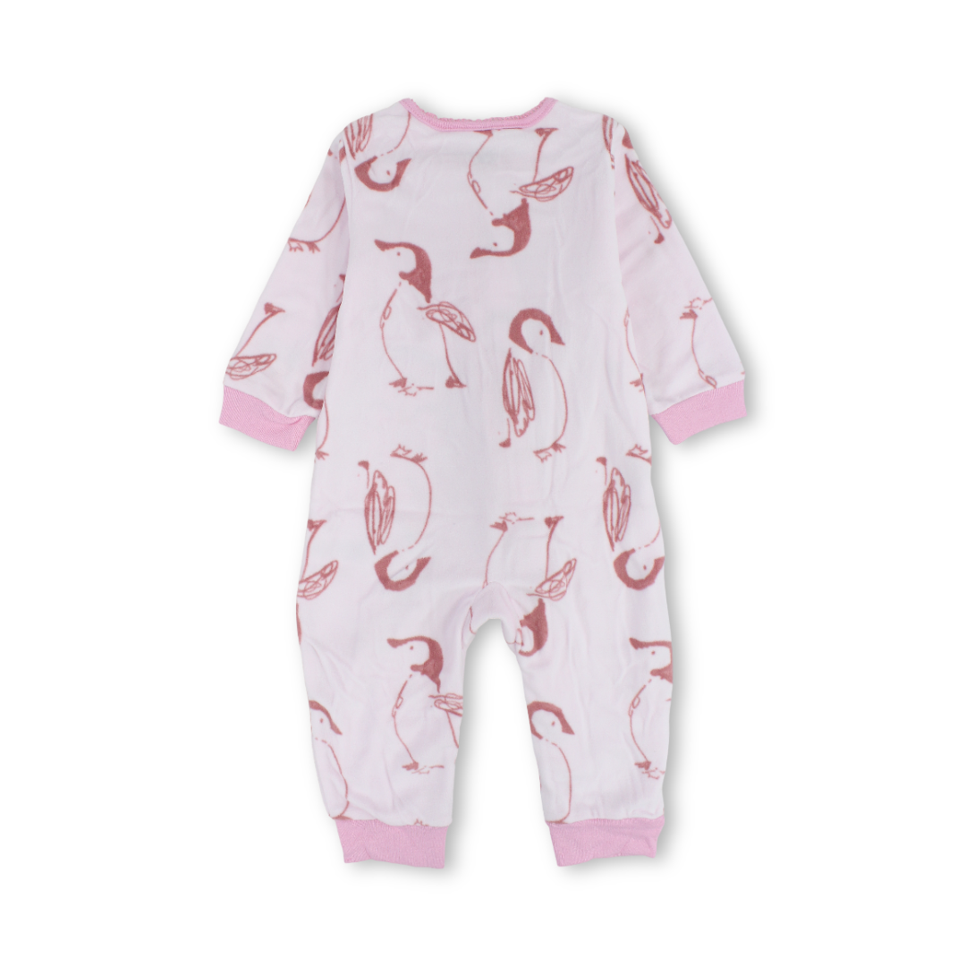 Baby Girls Velvet Footless Onesie – Pink with Penguin Embroidery
