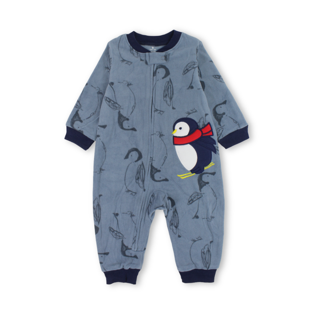Baby Girls Velvet Footless Onesie – Grey with Penguin Embroidery