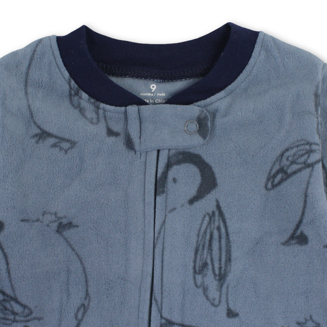 Baby Girls Velvet Footless Onesie – Grey with Penguin Embroidery