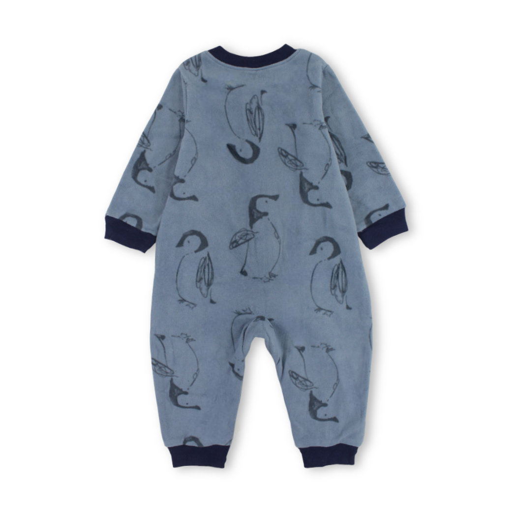 Baby Girls Velvet Footless Onesie – Grey with Penguin Embroidery