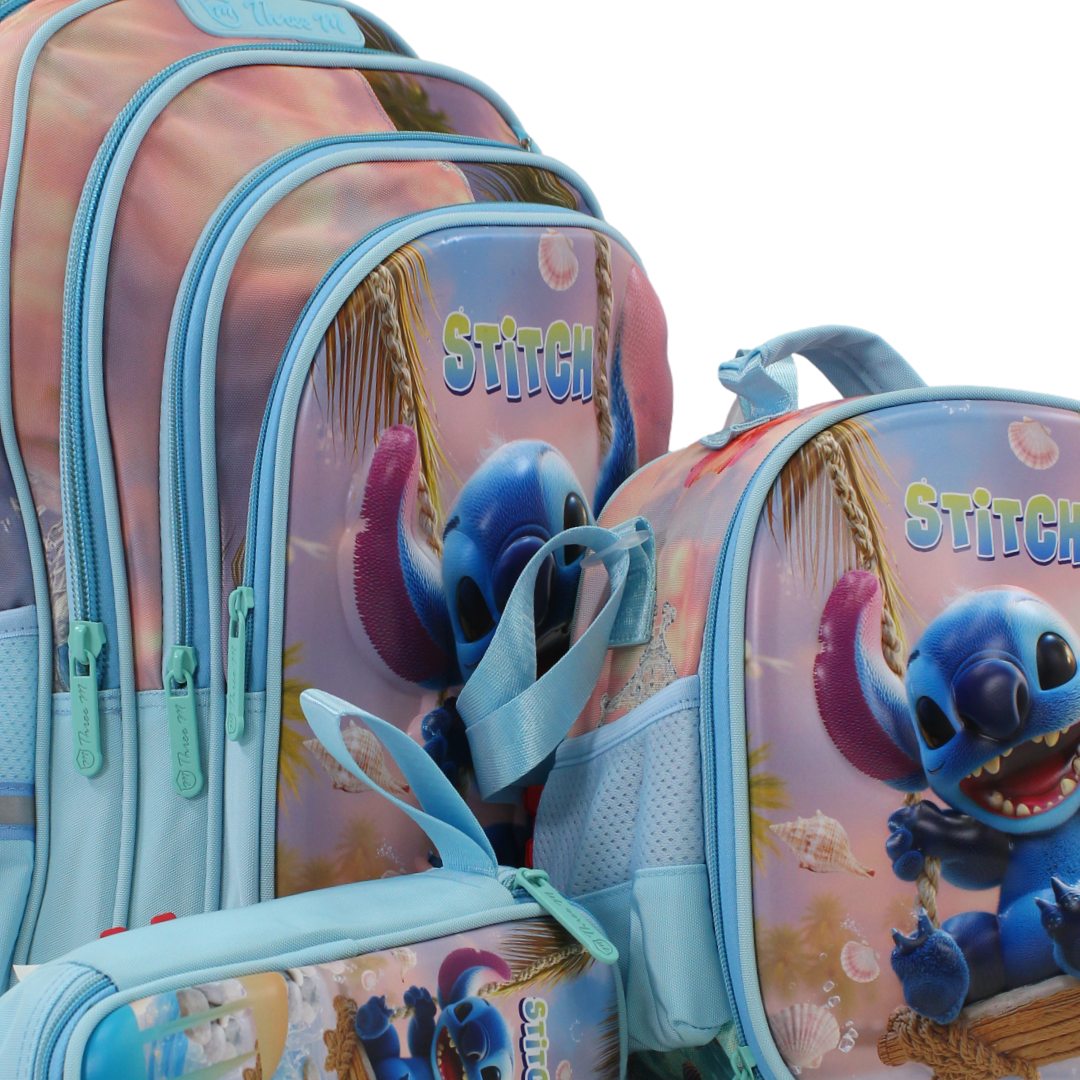 طقم حقيبة مدرسية من ثري إم بتصميم Stitch مقاس 16 بوصة – لون أكوا مع حقيبة ظهر وحقيبة غداء ومقلمة