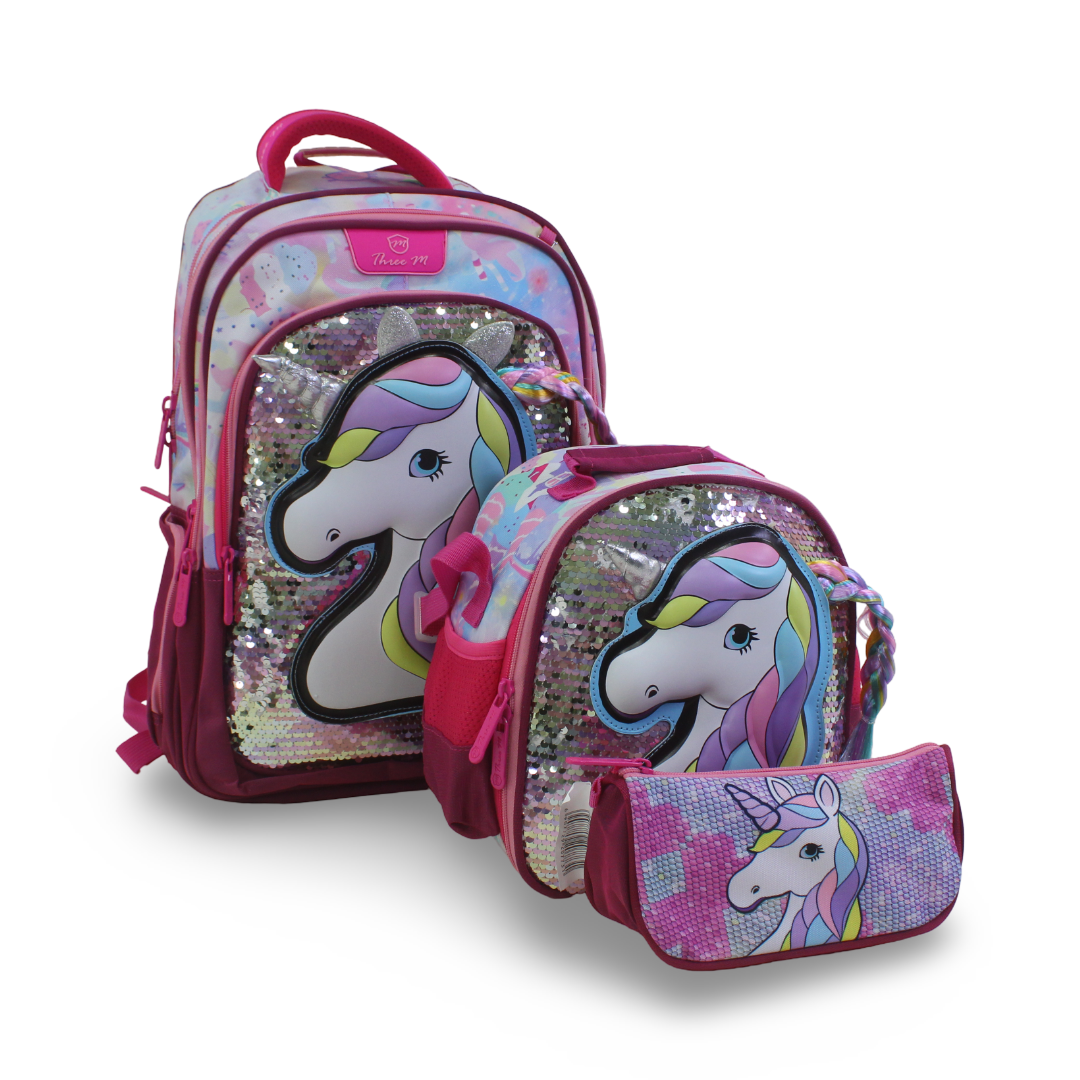 3M Unicorn School Set 16 Inches – Fuchsia with Backpack, Lunch Bag & Pencil Case