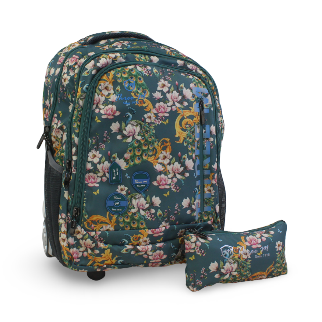 3M Floral Trolley School Bag with Pencil Case – Olive 20 Inches