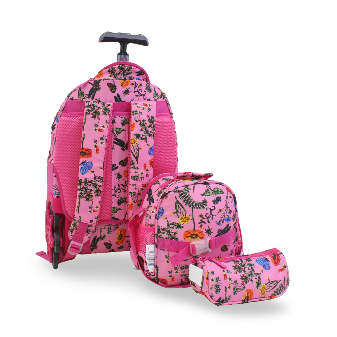 3M Floral & Butterflies Trolley School Bag Set – Pink with Pencil Case & Lunch Bag