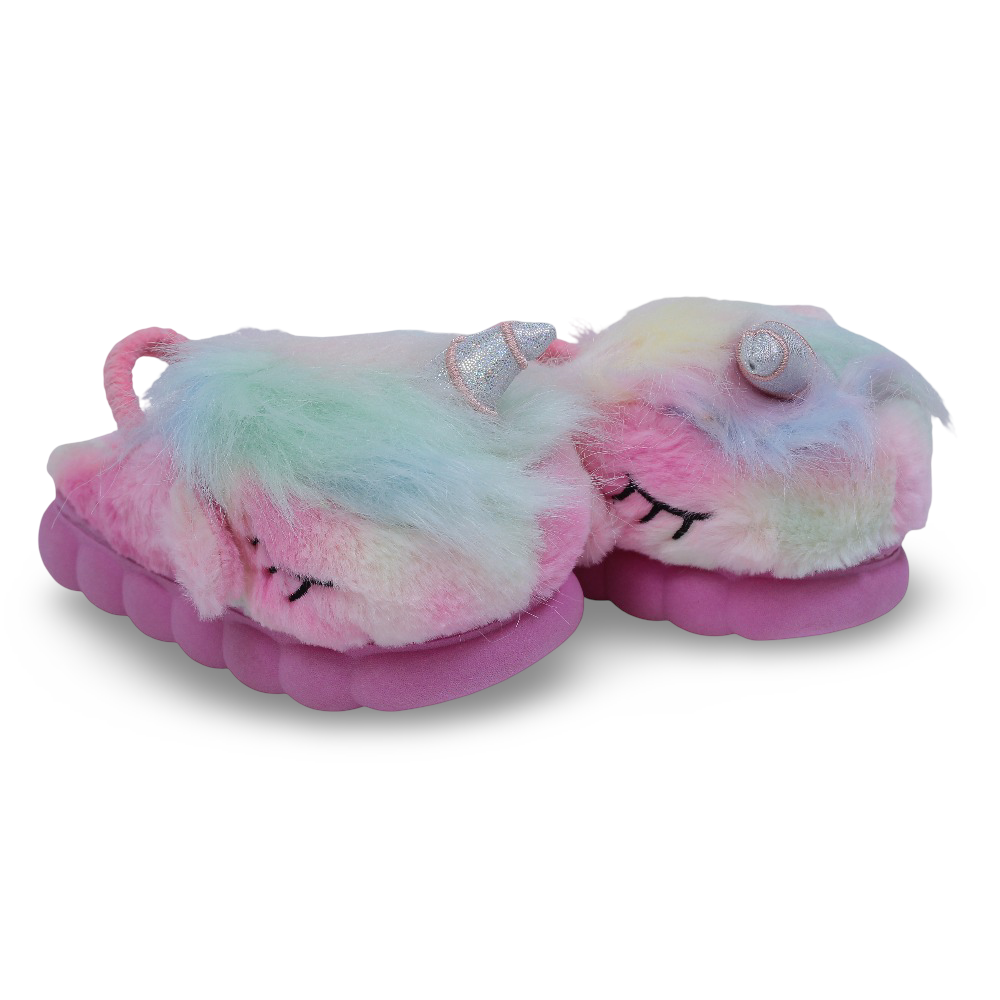 Girls Fur Slippers – Pink with Unicorn Design - Clothing - Konooz