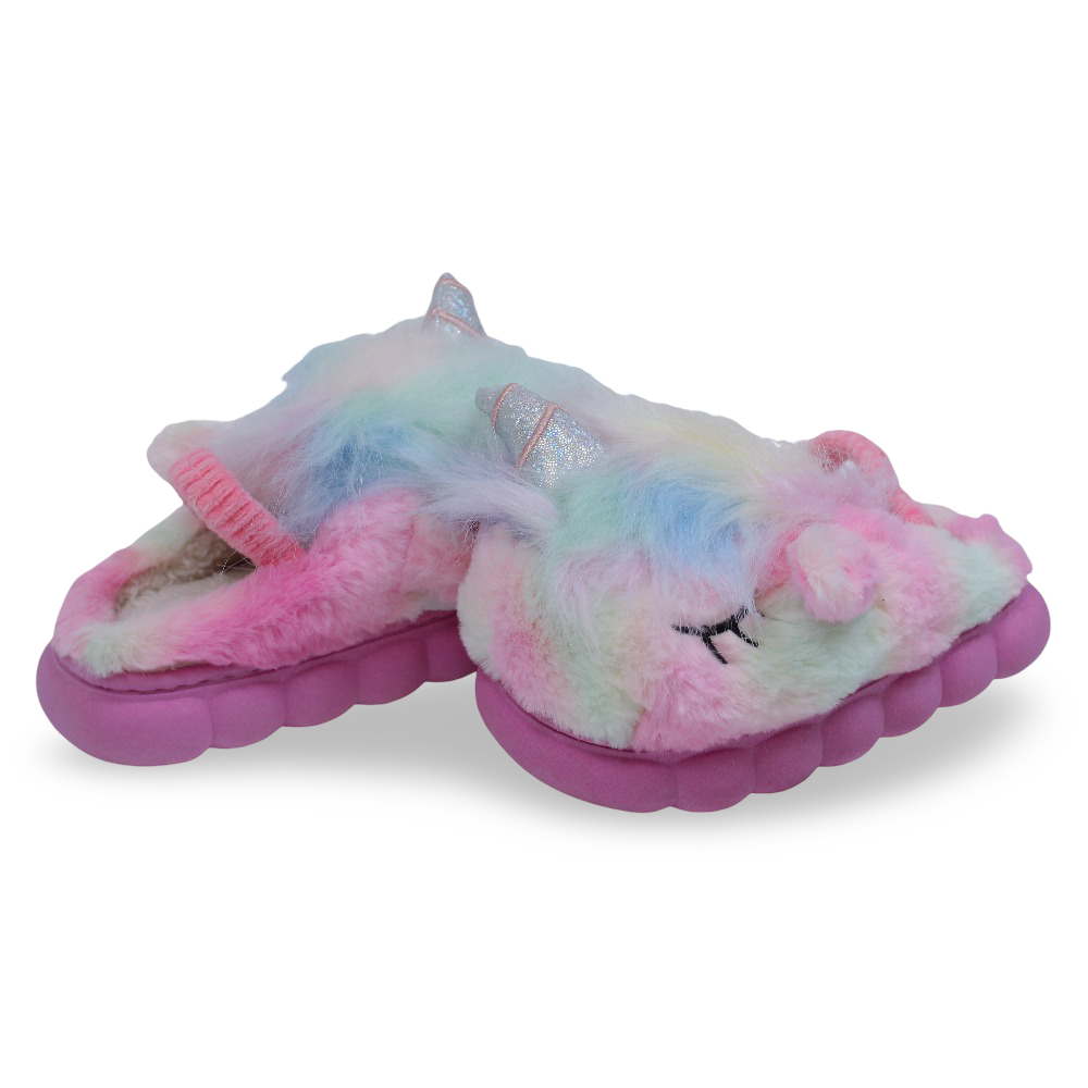Girls Fur Slippers – Pink with Unicorn Design
